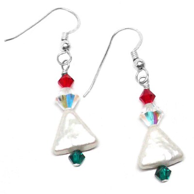 Cultured Freshwater Pearl Christmas Tree Sterling Silver Earrings Clear Red Green Crystal - image1